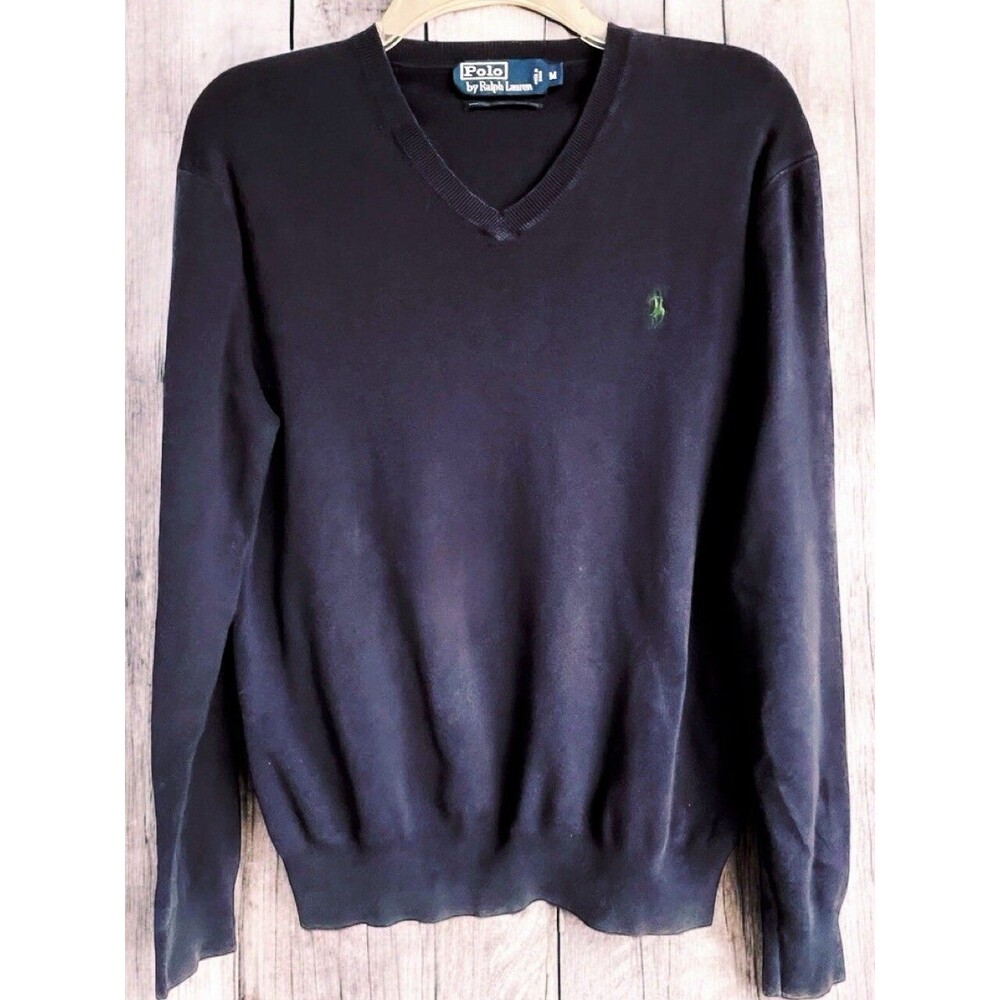 VTG Polo Ralph Lauren V-Neck Sweater Long Sleeve Office 100% Pima Cotton Navy M